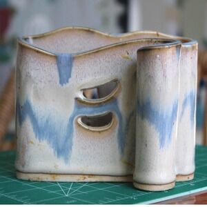 Bay Signed Studio Pottery Ikebana Blue Cream Pen & Paper Notes Holder